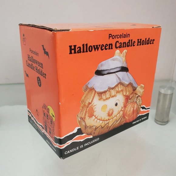 Unbranded Other - Vintage Porcelain Scarecrow Pumpkin Candle Tea Light Holder 4" Halloween